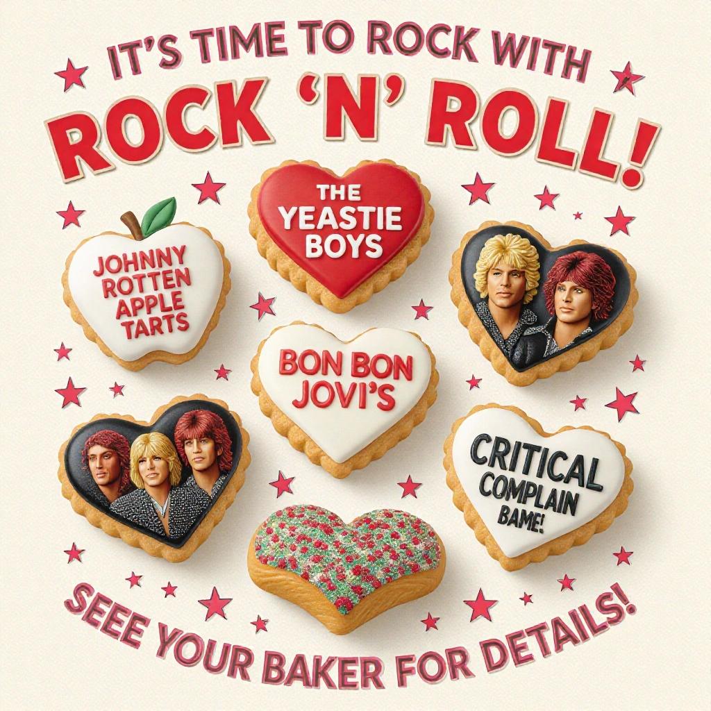 Assorted cookies shaped like famous rock stars. Theme of rock music. Cookies include Johnny Rotten Apple Tarts, The Yeastie Boys, Bon Bon Jovi's, and a bear claw resembling Critical Complaint. Invite to see baker for more details.