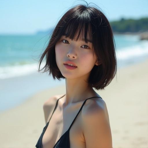 A young girl with dark bob hair is standing at the beach. Bright sunlight illuminates her face. The ocean and sandy shore are in the background. She is wearing a casual outfit suitable for warm weather.