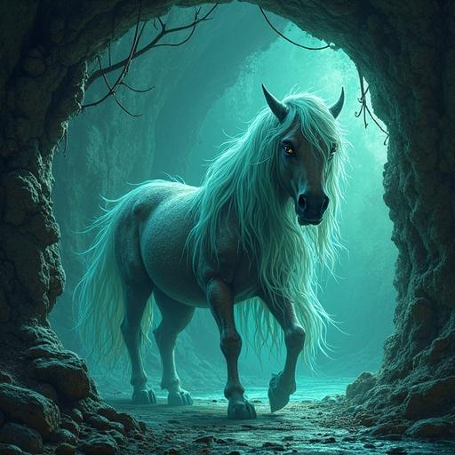 Ethereal horse in a mysterious cave. Glowing and ancient appearance. No horns, evokes mystery and arcane power.