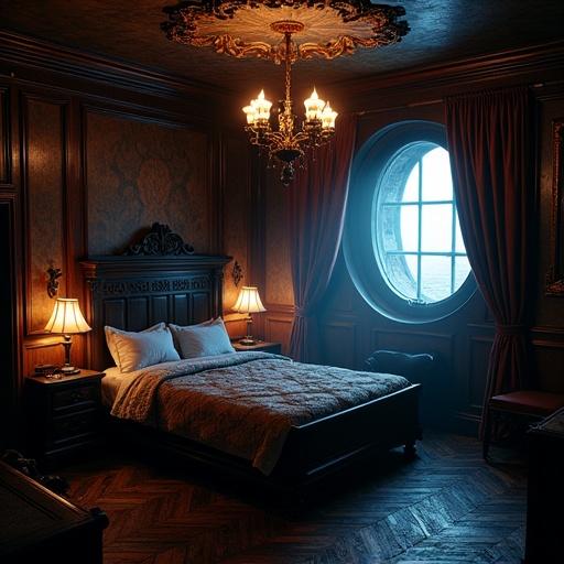 A dark and moody bedroom interior on a pirate ship. Features a large bed with a quilt, vintage furnishings like lamps and a chandelier. A round window lets in a faint light. The atmosphere is eerie, hinting at a cursed past.