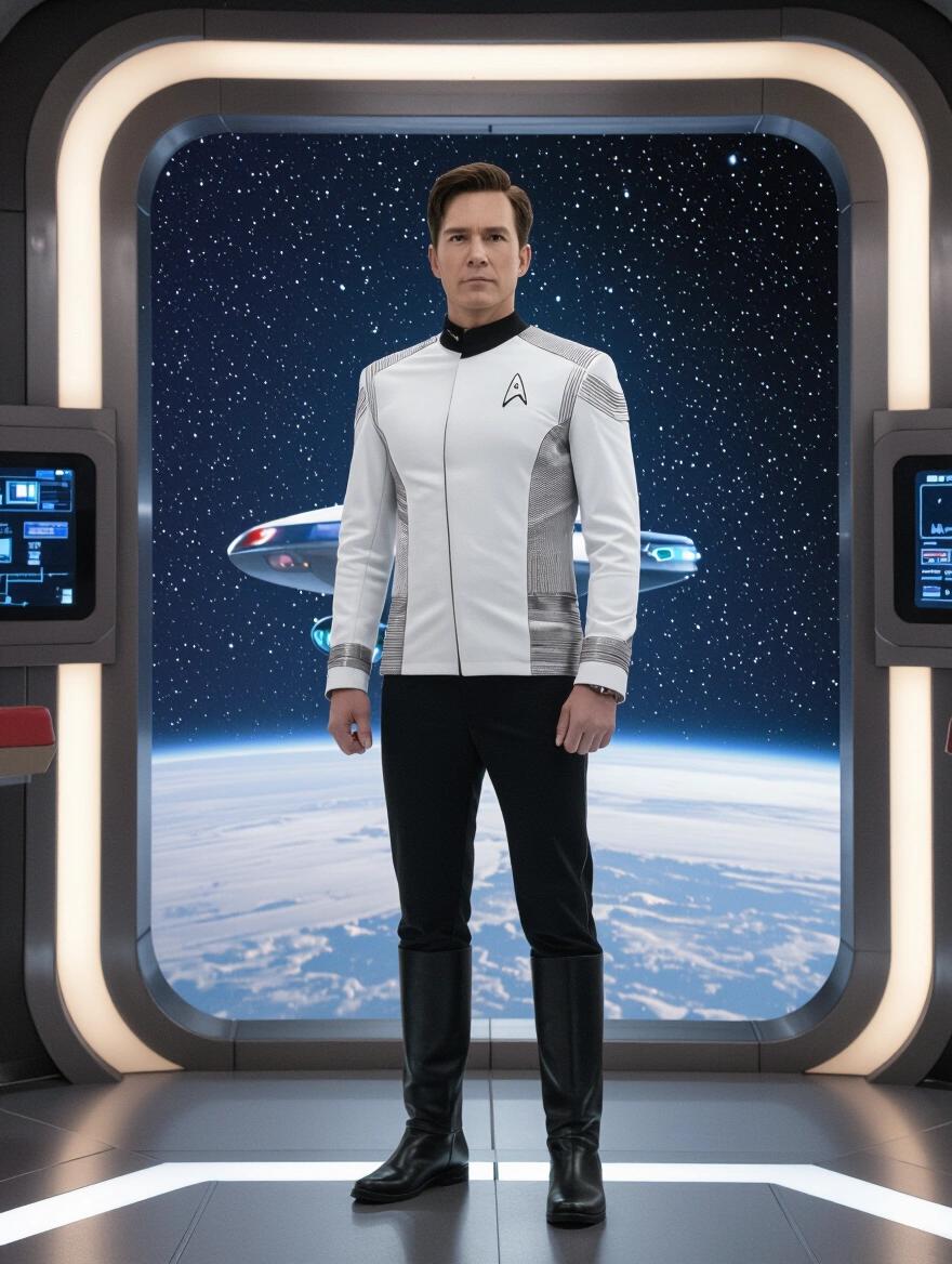 Realistic photo of a man wearing a Star Trek suit standing on a command bridge. Background displays space with Earth visible. The suit features modern design elements and a futuristic aesthetic.
