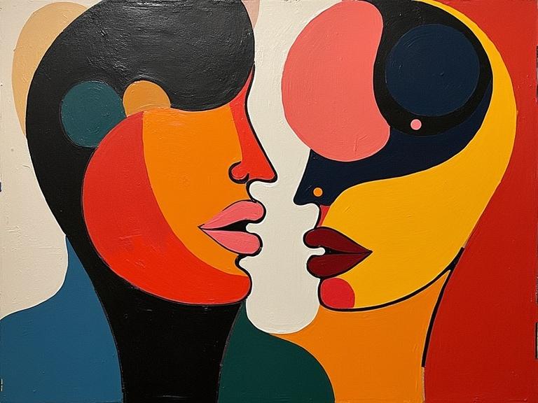 Geometric abstraction featuring two faces in profile. Use of vibrant colors and bold shapes. Focus on lips and facial features. Titled 'Hot Labia forte'.