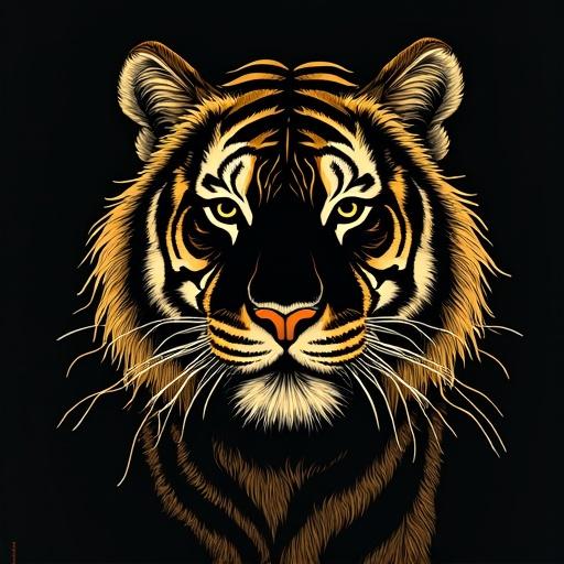 Line art of a tiger with black and golden colors. Features a stark contrast between the colors. Detailed depiction of the tiger's face. Emphasis on facial features and fur texture.