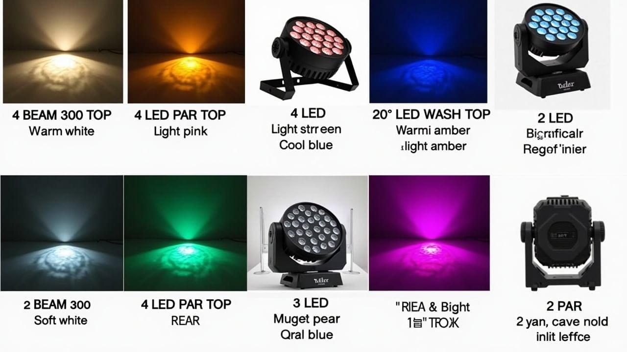 Variety of LED lights and their colors listed. Includes warm white, soft pink, cool blue, light amber, warm amber, deep magenta, cyan, and soft green. Lights are categorized under beam, PAR, and wash types. Arrangement indicates different usage scenarios.