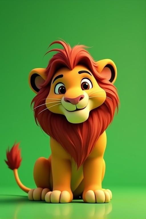 3D animated lion character with vibrant colors on a green background.