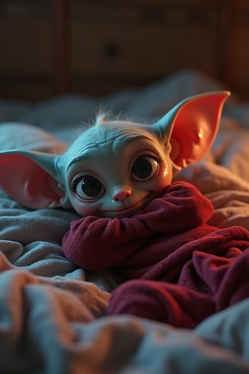 A hyperrealistic 3D cartoon creature lies on a messy bed wearing a bathrobe. It has oversized eyes, huge ears, and sharp teeth. The expression shows exaggerated romantic despair. Cinematic lighting and depth of field enhance the surreal feel.