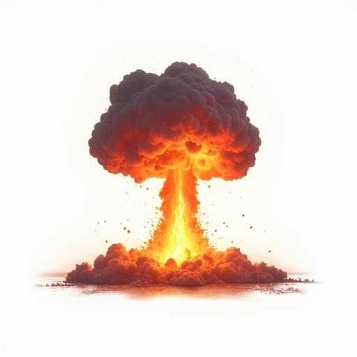 A visual representation of a nuclear bomb with a large mushroom cloud on a completely white background. The explosion does not occur but depicts the potential power of a nuclear device. Focus on the vibrant colors of the explosion against the neutral backdrop.