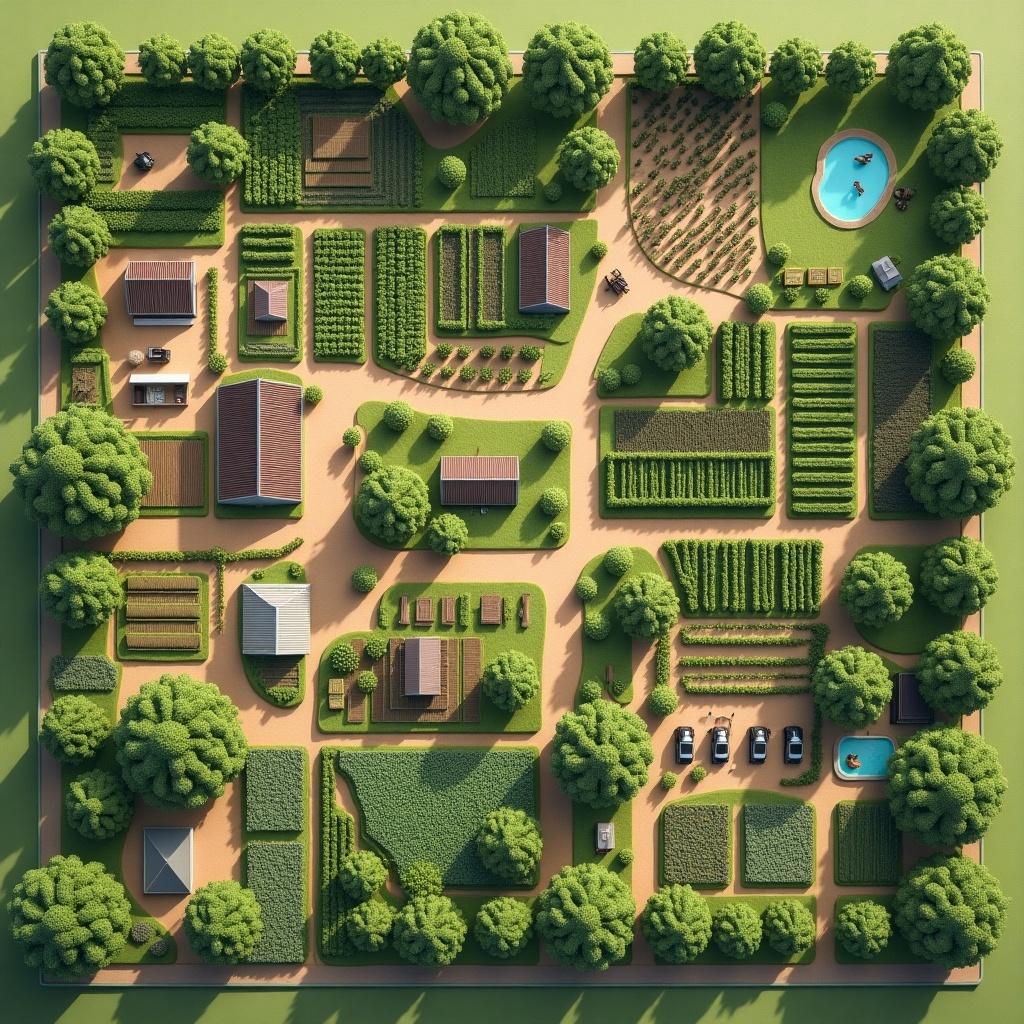 Integrated organic farming model with various units. Features include a dairy unit with cows, composting area, duckery, fisheries with pond, diverse horticultural plants and trees, and crop production plots. Clear pathways for movement are also visible.