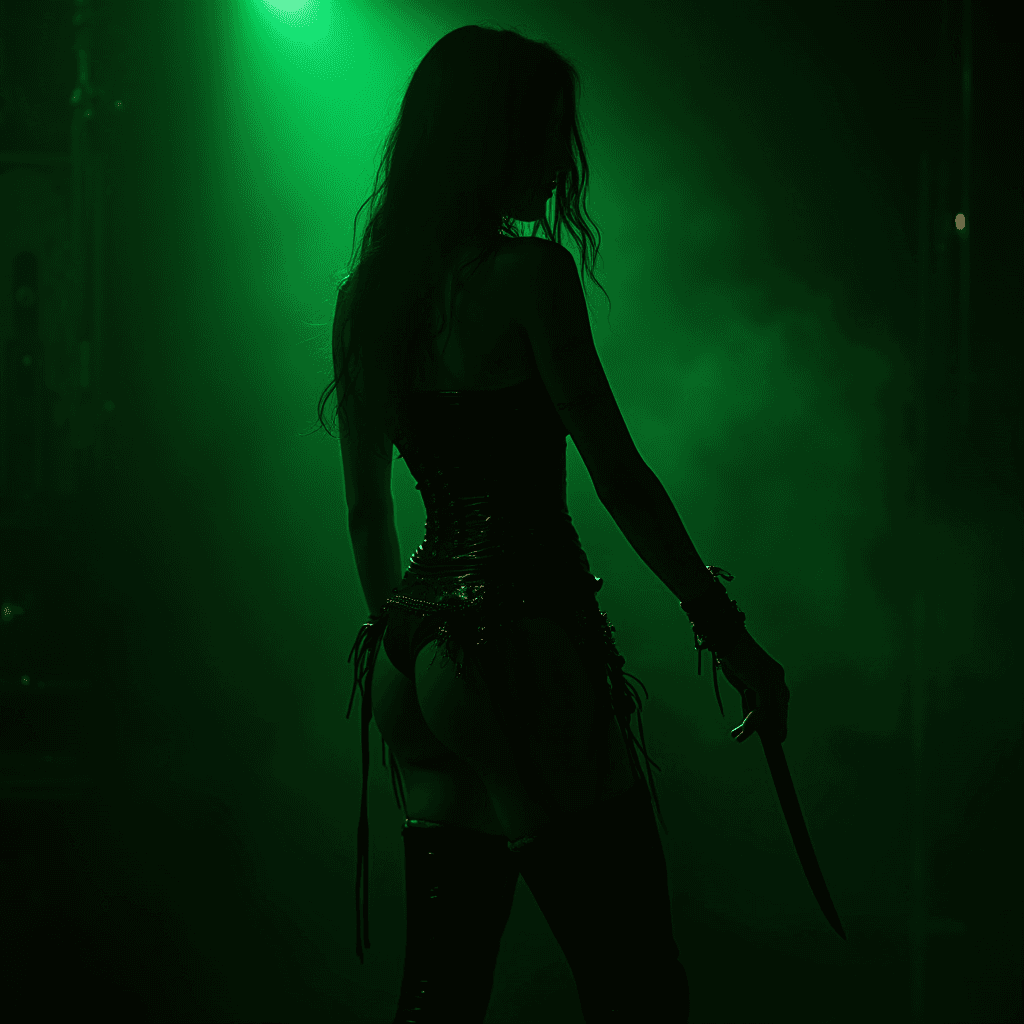 A mysterious silhouette of a woman in a dimly lit, green-hued environment, holding a knife and wearing a dark, form-fitting outfit with heeled boots.