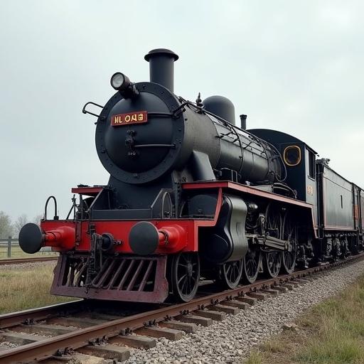 Image of a vintage steam locomotive on railway tracks. Prominent black engine with red accents and a detailed design. Located in a natural outdoor setting with cloudy skies. The locomotive is the main focus with tracks visible.