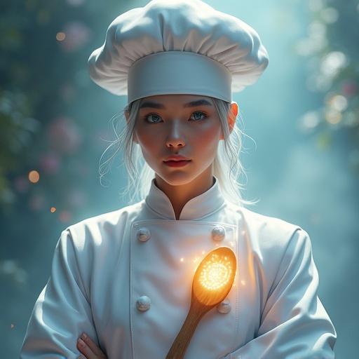 Realistic cinematic portrait of a mystical chef in a modernized chef uniform with pastel elements. Chef has soft silver hair and glowing pale blue eyes. He holds a glowing wooden spoon in an ethereal setting with soft key lighting and mist. The background features a dreamy atmosphere with floating particles and gentle fog.