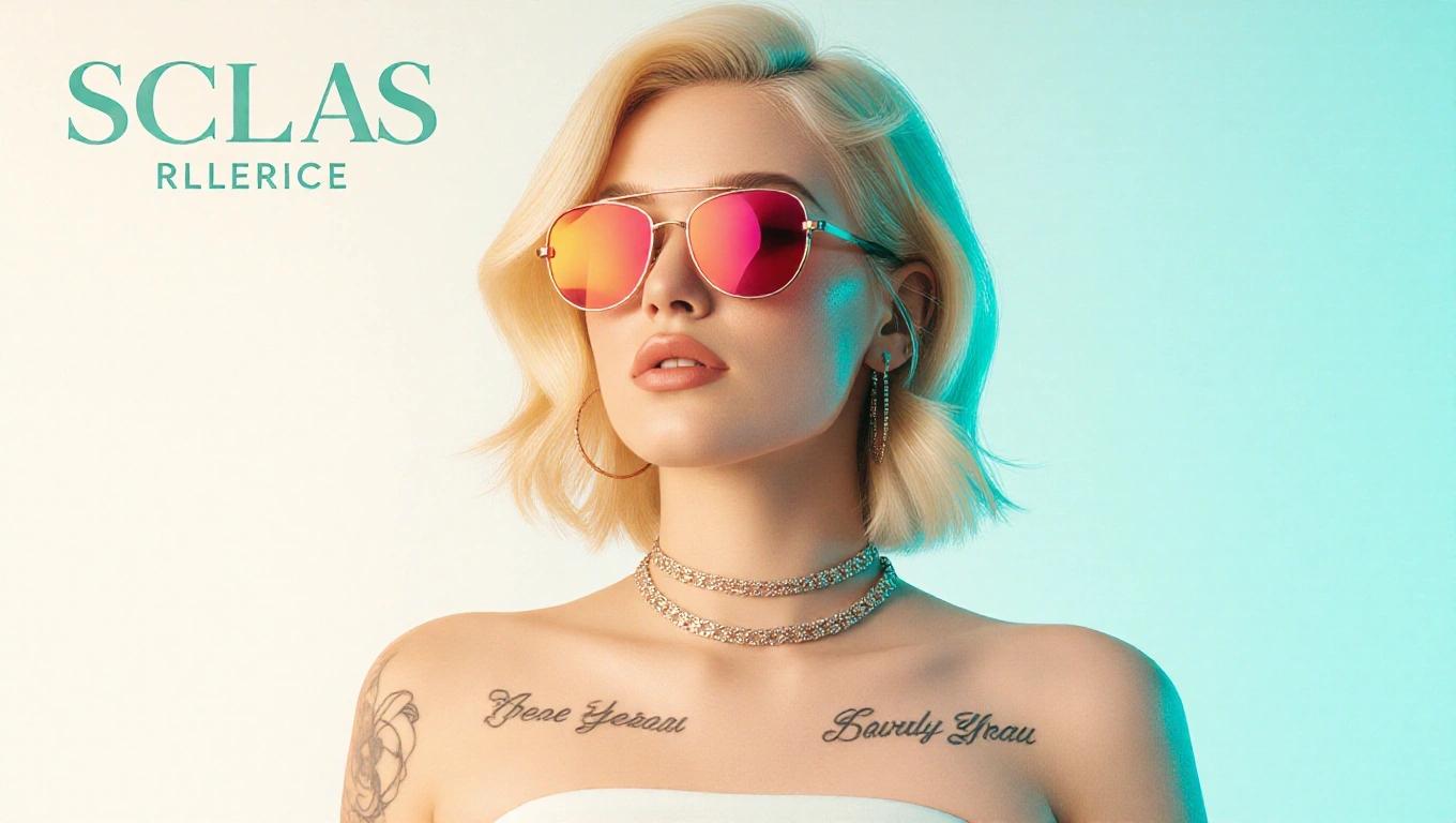 Album cover features a blonde petite classy cyber babe wearing sunglasses. Model has tattoos. Soft colorful lighting creates a dreamy atmosphere. She wears a strapless top with glamorous styling.