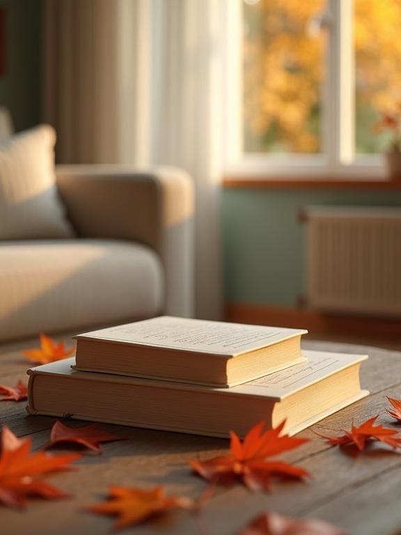Two books on a coffee table in a cozy living room. Surrounding autumn leaves and warm sunlight create a tranquil atmosphere. Sharp focus on the books with a blurred background featuring pastel wallpaper and wooden flooring. Shot from above for a close-up view.