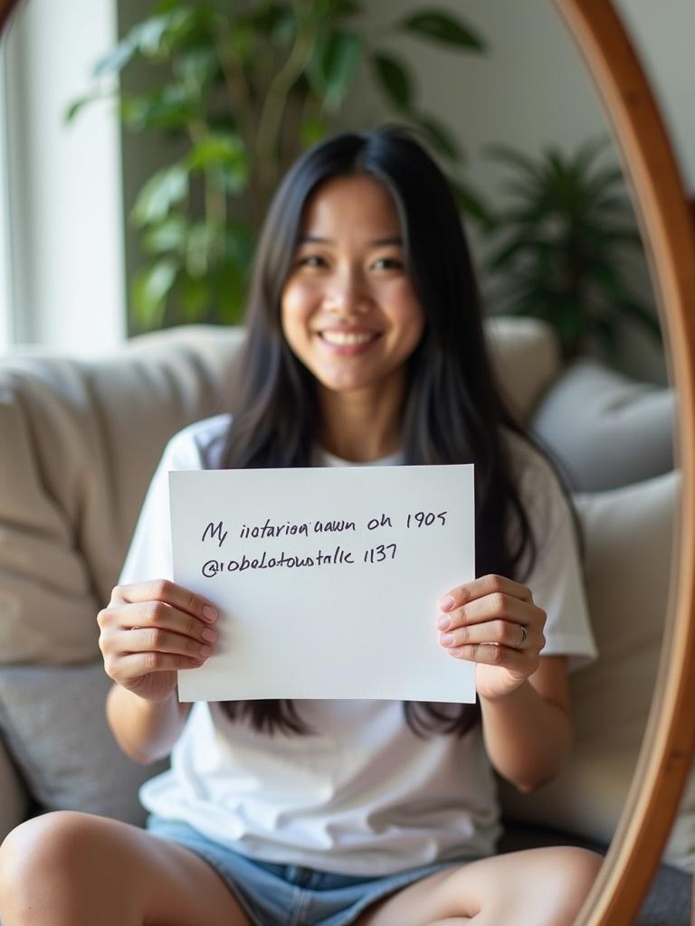 A girl with long black hair sits in a cozy living room. She holds a piece of paper showing her Instagram handle. The paper is prominently displayed in her hands. The room has soft pillows and indoor plants. Natural light creates a warm atmosphere. The girl smiles warmly at the camera.