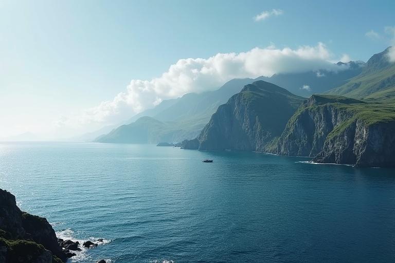 Image depicting a tranquil sea surrounded by mountains. The sun brightly shines on the water. Gentle waves are present in the ocean. Lush green hills lead down to the water's edge. A small boat can be seen in the distance. Clouds drift lightly across the sky above the peaks.