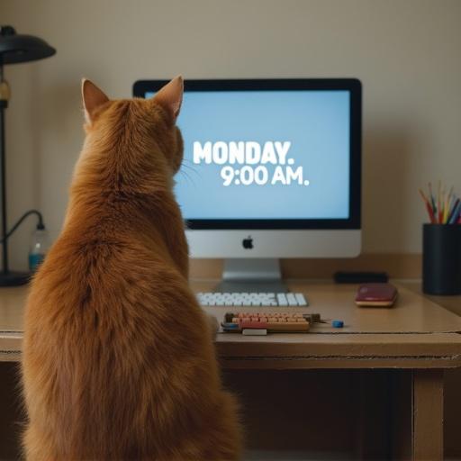 Back view of a cat sitting at a box that serves as a desk. Toy keyboard in front of cat. Cat staring at a computer screen with text: Monday. 9:00 AM. The setting is a home office with soft morning light. Humorous touch in photorealism.