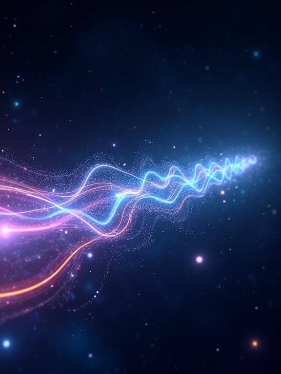 Abstract visual representation of radio waves in deep space. Luminous energy depicted as glowing ribbons of light. Vibrant colors and intricate patterns suggest movement through the cosmos. Dark space background with distant galaxies.