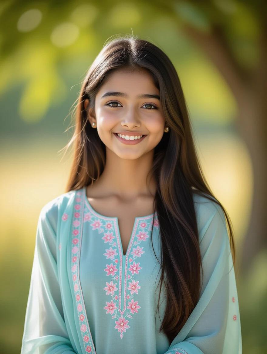 A young girl stands outdoors wearing a light blue salwar kameez with pink floral embroidery. She has long black hair and a calm expression. Soft sunlight filters through trees. The atmosphere is serene and warm. The girl is in focus portraying natural beauty.