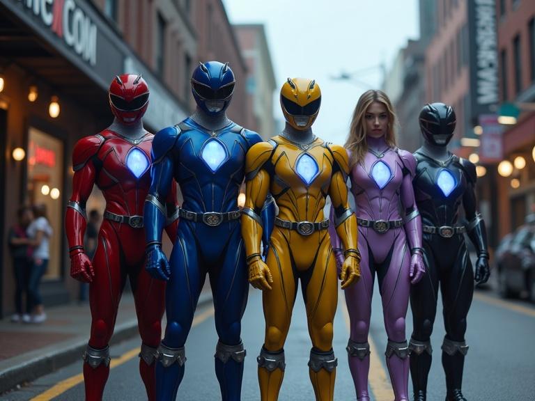 Five Power Rangers stand confidently on a vibrant urban street. They wear sleek and smooth costumes with organic shaped armor pieces. The suits glow with blue and purple accents. The atmosphere is cinematic and dramatic. Shadows create depth while showcasing their powerful presence.