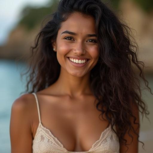 Smiling girl with medium-length hair in natural outdoor setting. She wears a light outfit and poses to showcase her happiness. Background includes a beach scene.