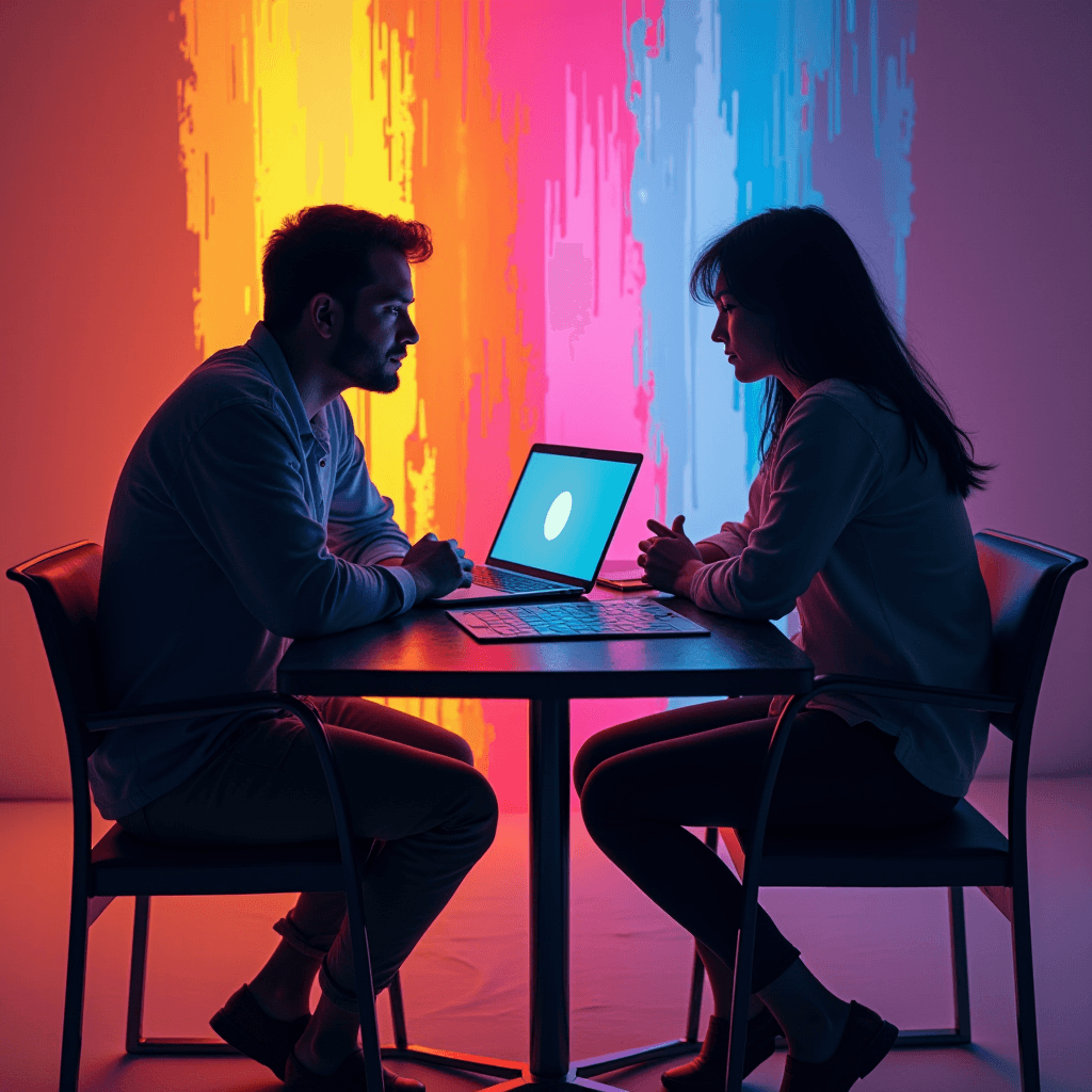 Two people engage in a conversation over a laptop, illuminated by vibrant, multicolored lighting.