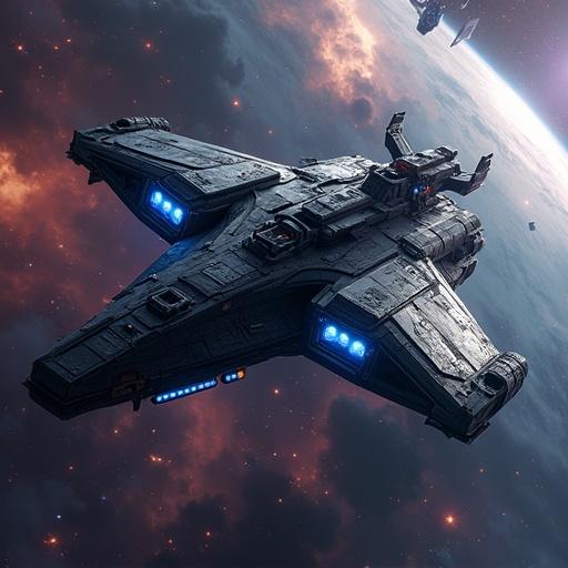 Futuristic starship design with sharp lines. Black and silver metallic body with glowing blue engines, detailed with antennae and weapon turrets. Background features vibrant nebula with swirling colors.
