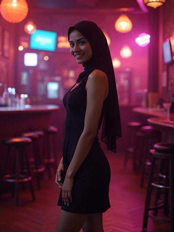 Young woman in hijab stands confidently in a sleeveless minidress with bare arms and high heels. Background shows an empty nightclub with soft colorful lighting. She is looking at the viewer with a smile.