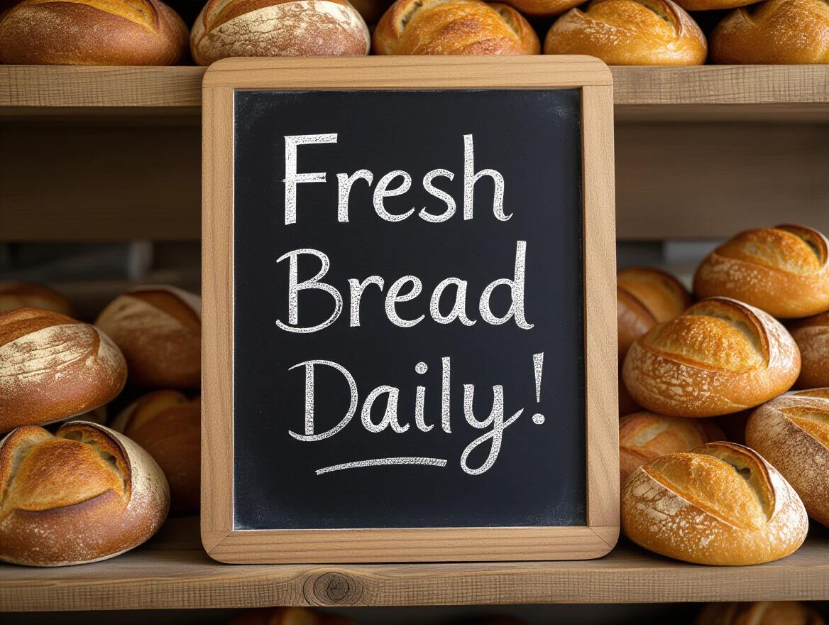 Chalkboard sign displays 'Fresh Bread Daily' in white handwriting. Surrounding bread loaves neatly arranged on wooden shelves. The setting is rustic and inviting.