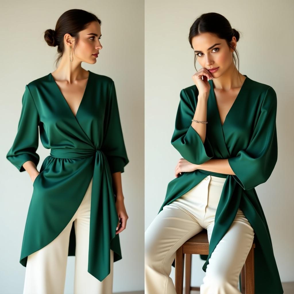 A poised lady stands confidently against a minimalist backdrop, wearing a chic silk wrap top in deep emerald green. Her hair is styled in a sleek low bun, accentuating the elegance of the deep V-neckline. The flutter sleeves catch subtle light as she places one hand lightly on her hip and tilts her head slightly, her gaze fierce yet inviting. In another shot, she’s seated on a modern stool, legs crossed, showcasing the asymmetrical hemline that flows gracefully over high-waisted ivory trousers. One arm drapes casually over the backrest, her other hand resting on her chin, exuding effortless sophistication.