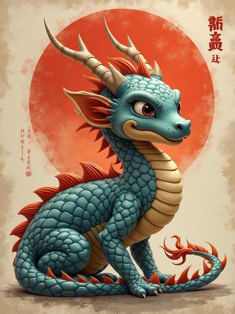 A cartoon dragon with turquoise scales and playful features. The dragon has large expressive eyes and red spines. It sits in a relaxed pose with a gentle smile. A large red sun is in the background, contributing to a soft, whimsical atmosphere.