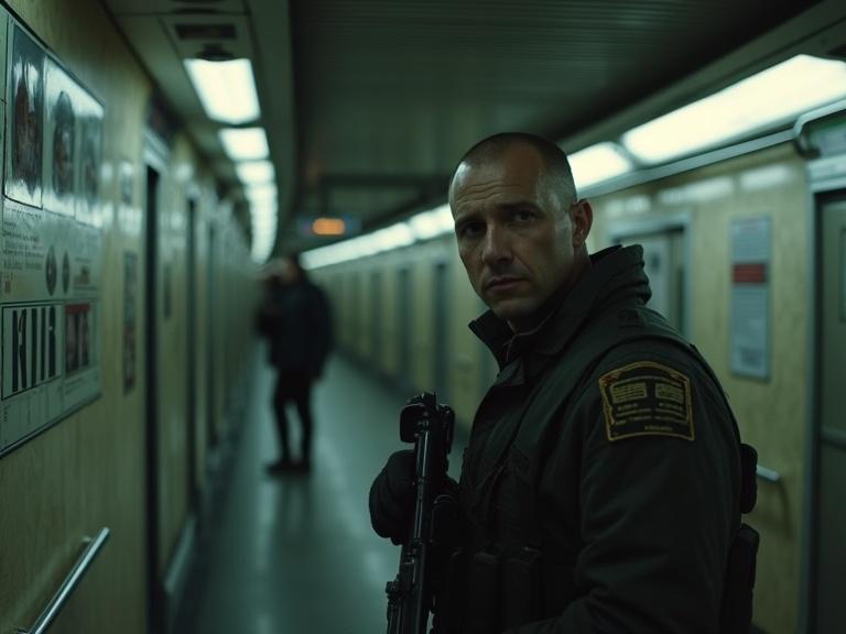 Hyper realistic scene set in a Russian metro with a soldier searching for a character named Jez. The atmosphere is tense and dramatic.