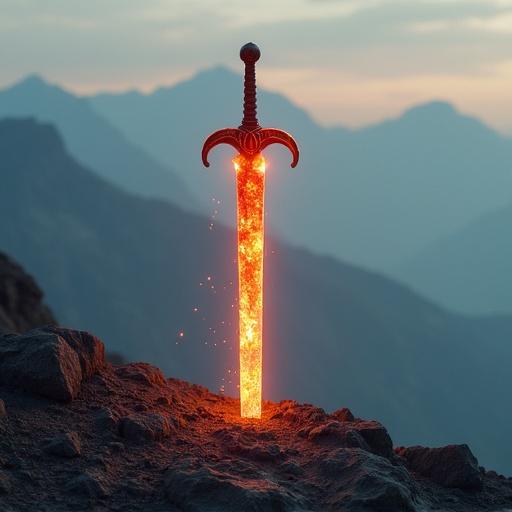 Fire-looking glass sword sticks out of rocky mountainous ground. The sword glows brightly, illuminating the surrounding rocks. Mountains in the background create a dramatic sky.