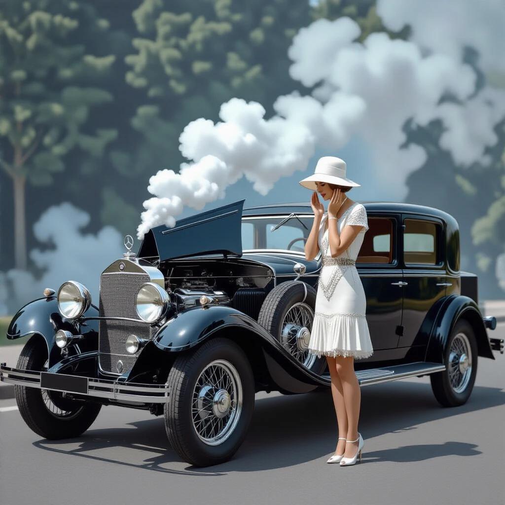 Art Deco socialite stands beside a black 1928 Mercedes-Benz with a distressed expression. She has a white cloche hat and a short beaded dress. The hood of the car is fully opened revealing the engine while steam billows from the radiator. Vintage aesthetics are prominent. Car is situated on a misty mountain pass.