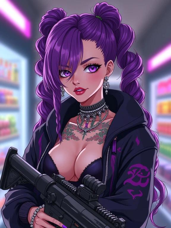 Anime illustration of a stylish woman in a modern convenience store. She has flashy amethyst purple hair and elegant jewelry. The outfit is edgy and designed for a biker gang leader. Muscular physique and threatening look are prominent. Bright neon lighting enhances the scene.