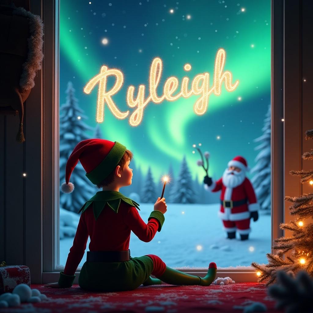 An elf sits by a window with his back to the viewer. He turns towards the sky, writing the name Ryleigh with a wand. A winter landscape and northern lights create a magical backdrop. Santa Claus is visible in the distance. The scene is filled with Christmas spirit and evokes wonder and joy.