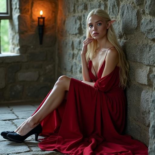 Ethereal blonde woman with pointed ears and ocean blue eyes sits in a stone-walled castle room. She wears a flowing red dress with high slits and black high-heeled shoes. Castle room features grey stone walls and flickering torch sconces. Dramatic lighting and sharp focus.