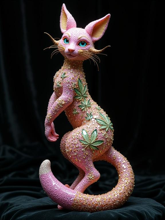 Majestic fantasy vixen lady sculpture encrusted with multicolored Swarovski crystals. Glowing cannabis leaf patterns on fur and tail. Standing upright in playful pose. Dazzling gemstones in pink, green, gold, and violet. Sparkling in studio lighting. Highly detailed on black velvet background. Surreal glamor in hyperrealist style.