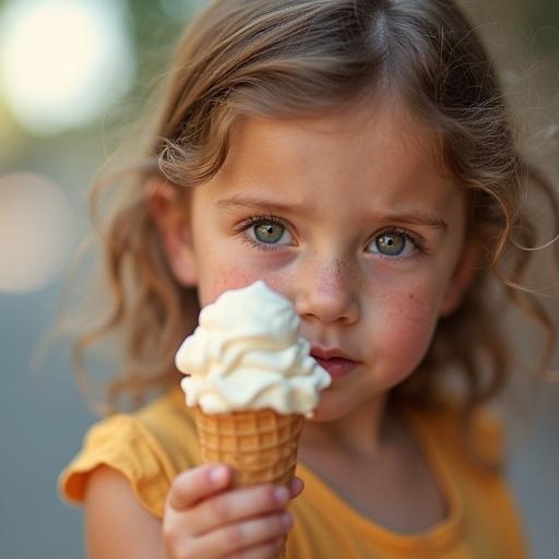 Freckled girl holds a melting ice cream cone. She has squinting eyes looking at the camera. Soft and dreamy background under sunlight.