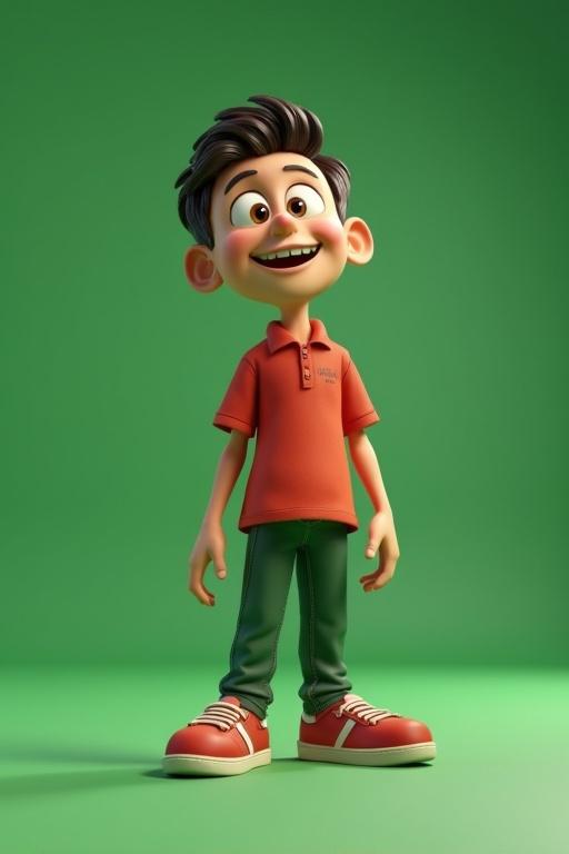 3D animated character standing on a green background.