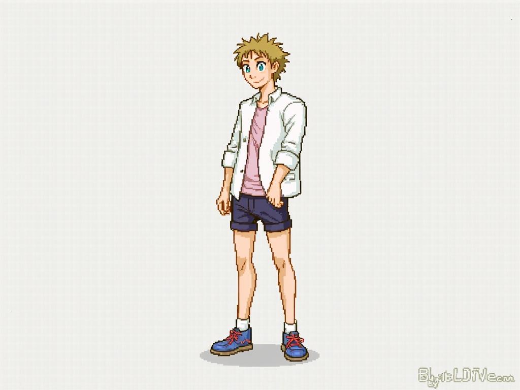 Character design features a young individual with green eyes and spiky blond hair. They wear a white shirt over a pink top and dark shorts. Their outfit is completed with blue and red sneakers. The pose is casual and confident, typical of an animated sprite.