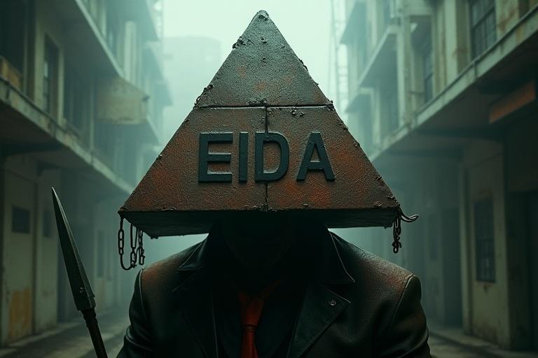 Pyramid Head depicted in a dark foggy scene. Triangular helmet features the acid-etched word 'Eida'. Body is muscular yet vulnerable. Surrounding environment shows decay and mist. Dim lighting highlights ominous presence. Focus on detailed textures and gritty realism.