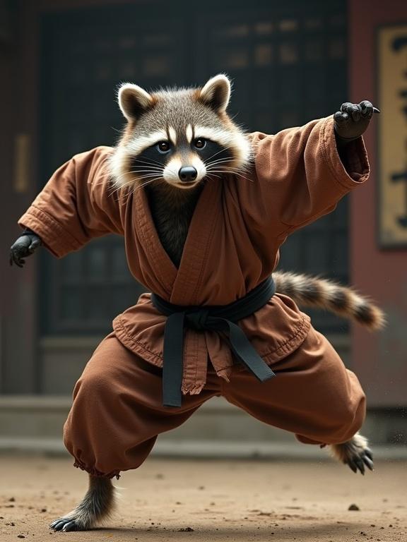 Cinematic anthropomorphic raccoon martial artist wearing a rugged traditional martial arts gi performing a dynamic mid-air kick in an authentic dojo setting. The image displays realistic fur movement and clothing texture with a Nikon Z9 in a cinematic action style.