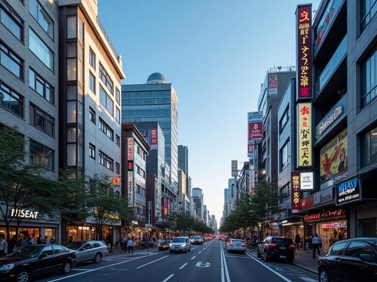 City of Tokyo during daytime showing vibrant streets. The image captures shops and buildings with bright signage. Clear blue sky enhances the urban atmosphere.