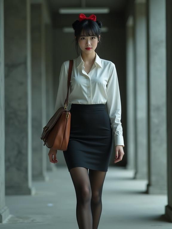 Full-body image of an East Asian female agent moving gracefully through an abandoned building corridor. She wears black pantyhose, closed-toe ankle-strapped heels, and a white blouse with a knee-length skirt. A brown satchel is slung over her shoulder. Her black hair is bunned with a red bow. The background has dark-grey walls and modern dim ambiance.