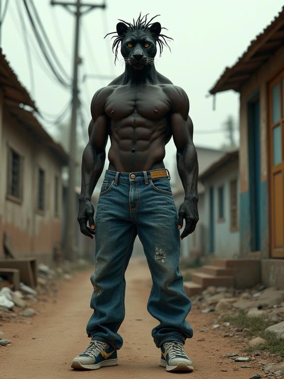 3D realistic anthropomorphic panther with muscular build stands shirtless in poor alleyway in USA. The scene features dirt road, old utility poles, worn-down houses, scattered trash. Panther wears blue jeans and urban sneakers. It has a hip-hop inspired hairstyle styled upwards. Lighting is moody with realistic textures and shadows. Cinematic camera angle.