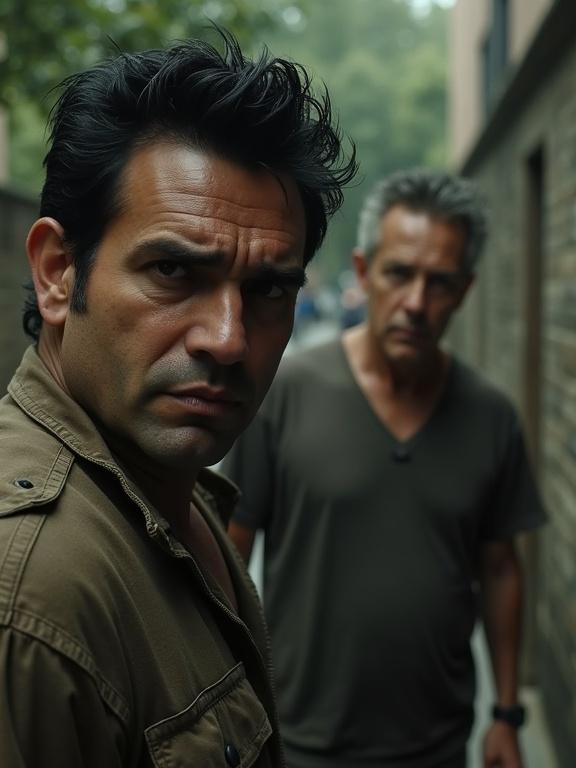 Photorealistic cinematic image depicts two men. One is large with short spiky black hair and a square face. He wears casual clothing and stares intensely into the camera. The second is middle-aged with a thin face, thick short hair, and a long nose, standing a few feet away. Both have menacing looks. The camera angle is low, emphasizing their expressions.