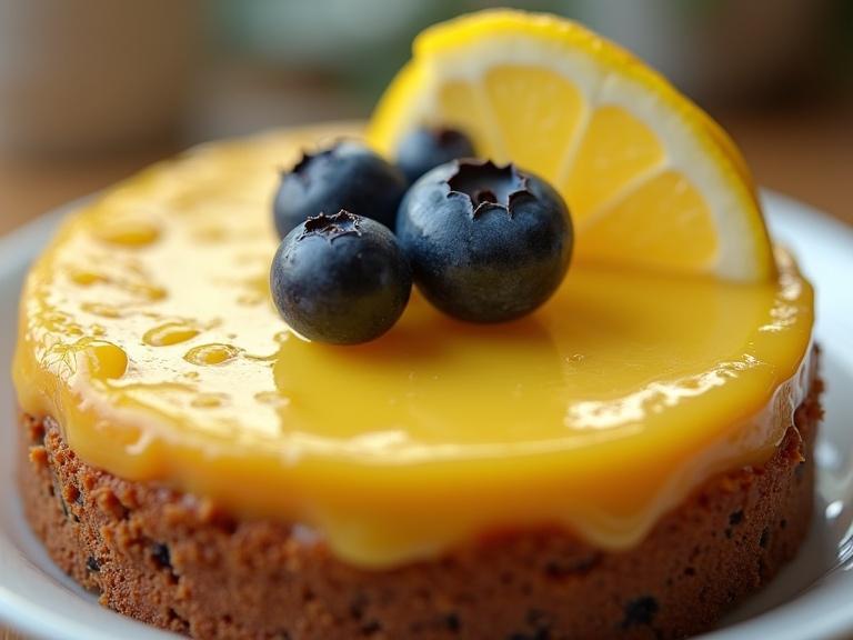 Photorealistic image of a lemon blueberry cheesecake. Show the cheesecake with a smooth yellow top. Include blueberries and lemon slices on top. Capture details in sharp focus with cinematic lighting.