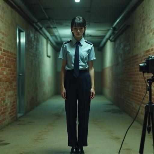 Photorealistic image of a Japanese woman in a uniform in a basement with red brick walls. She is pale and slender wearing a light blue shirt, navy tie, dark trousers and black shoes. She looks like she might cry and turns her face away. The background has exposed metal beams and uneven lighting with a video camera in front.