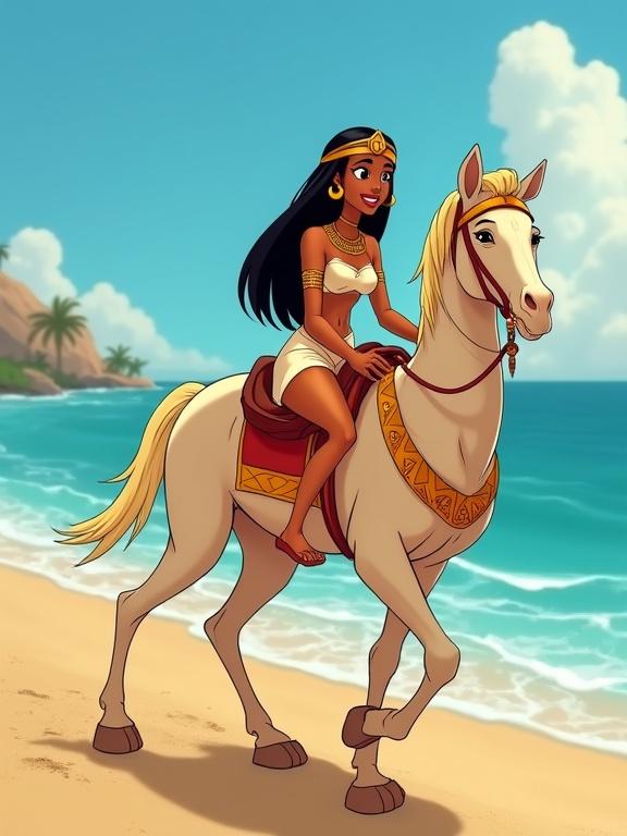 A cartoon character representing Cleopatra riding a horse along the beach. The background features a blue ocean and a clear sky. Cleopatra wears an ancient Egyptian dress and accessories.