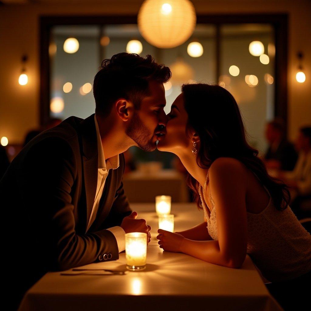 Couple leaning over a candlelit dinner table. Engaging in a romantic kiss. Warm cozy restaurant environment. Soft ambient lighting creates intimate atmosphere.